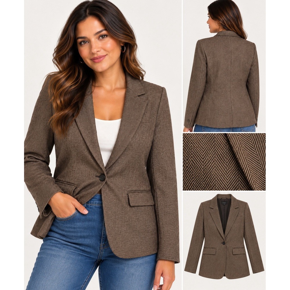 Women's Brown Herringbone Blazer Single Button Tailored Preppy Career Jacket